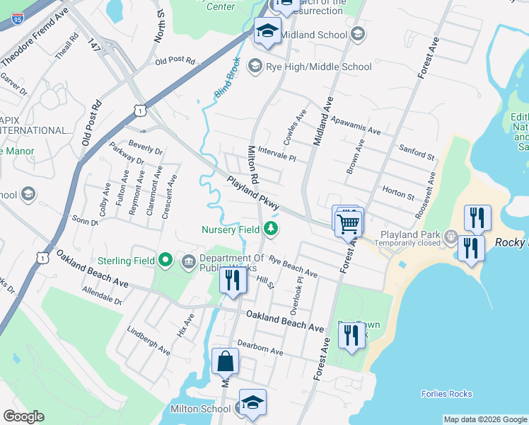 map of restaurants, bars, coffee shops, grocery stores, and more near 407 Milton Road in Rye