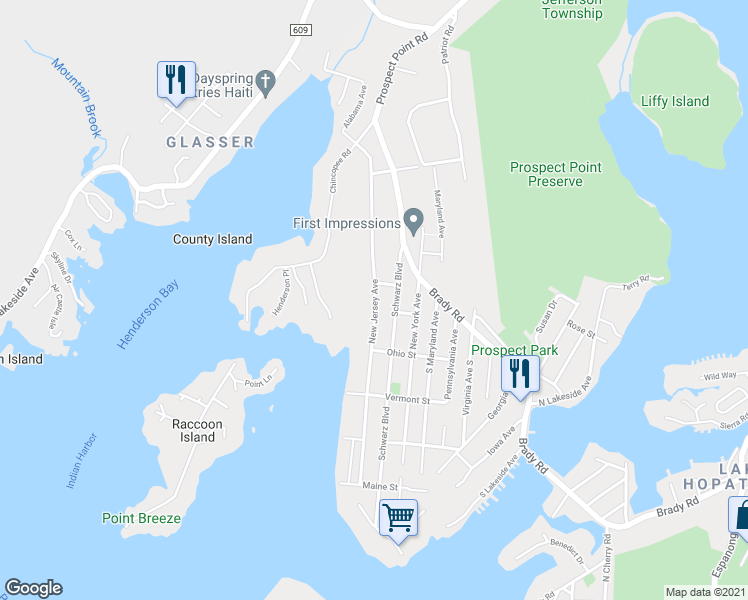 map of restaurants, bars, coffee shops, grocery stores, and more near 87 New Jersey Avenue in Jefferson