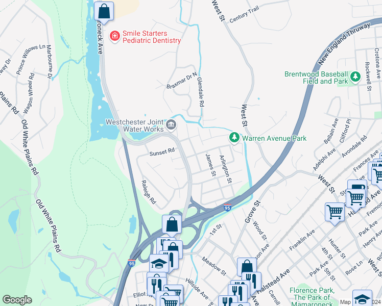 map of restaurants, bars, coffee shops, grocery stores, and more near 1506 Urban Street in Mamaroneck