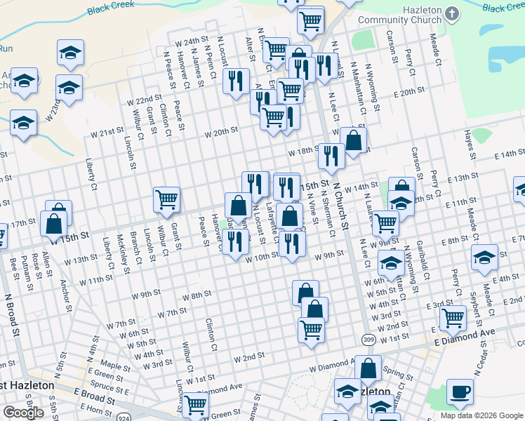 map of restaurants, bars, coffee shops, grocery stores, and more near 765 North Locust Street in Hazleton