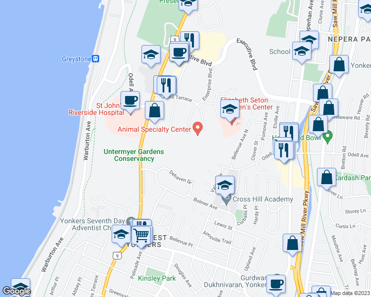 map of restaurants, bars, coffee shops, grocery stores, and more near 206 Odell Terrace in Yonkers