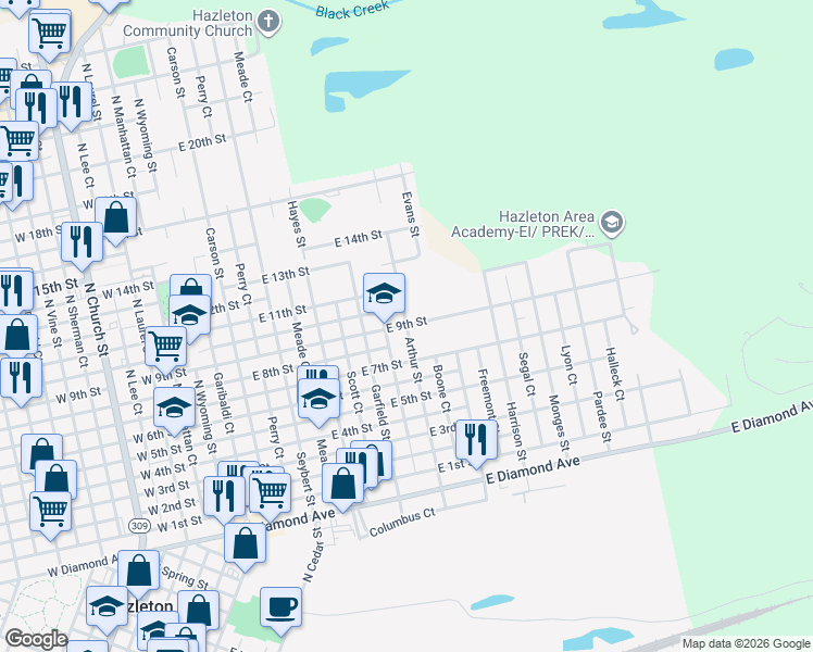 map of restaurants, bars, coffee shops, grocery stores, and more near 498 East 9th Street in Hazleton