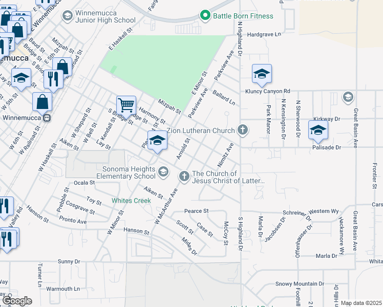 map of restaurants, bars, coffee shops, grocery stores, and more near 1675 Bridge Street in Winnemucca