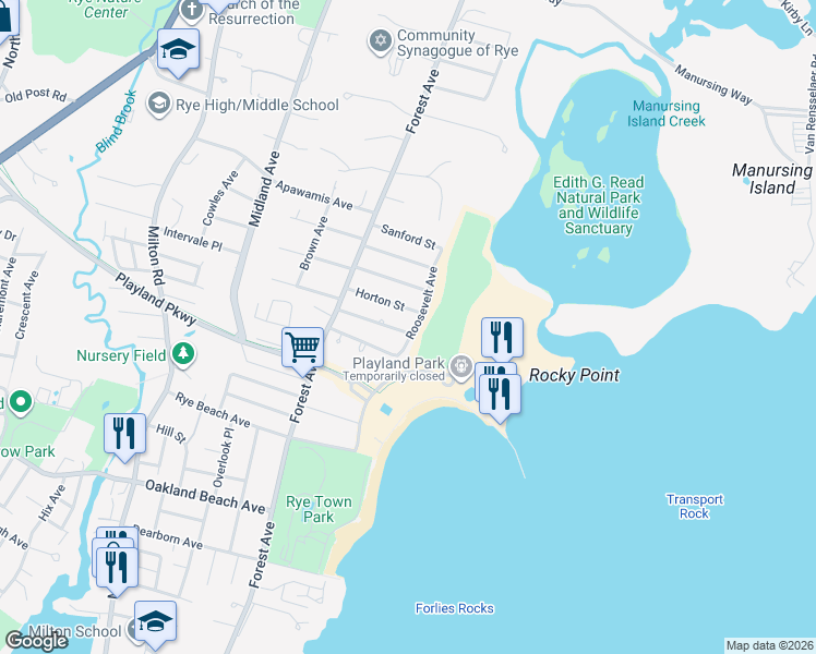 map of restaurants, bars, coffee shops, grocery stores, and more near 47 Wainwright Street in Rye