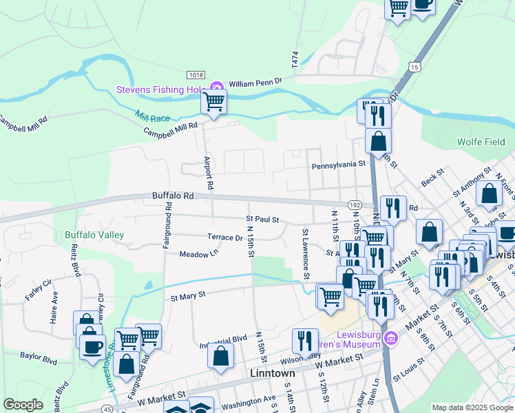map of restaurants, bars, coffee shops, grocery stores, and more near 742 Saint Paul Street in Lewisburg