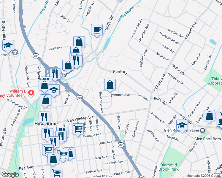 map of restaurants, bars, coffee shops, grocery stores, and more near 75 Sherman Avenue in Hawthorne