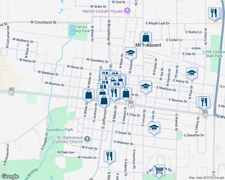 map of restaurants, bars, coffee shops, grocery stores, and more near 115 West Monroe Street in Mount Pleasant
