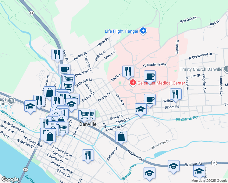 map of restaurants, bars, coffee shops, grocery stores, and more near 1057 Line Street in Danville