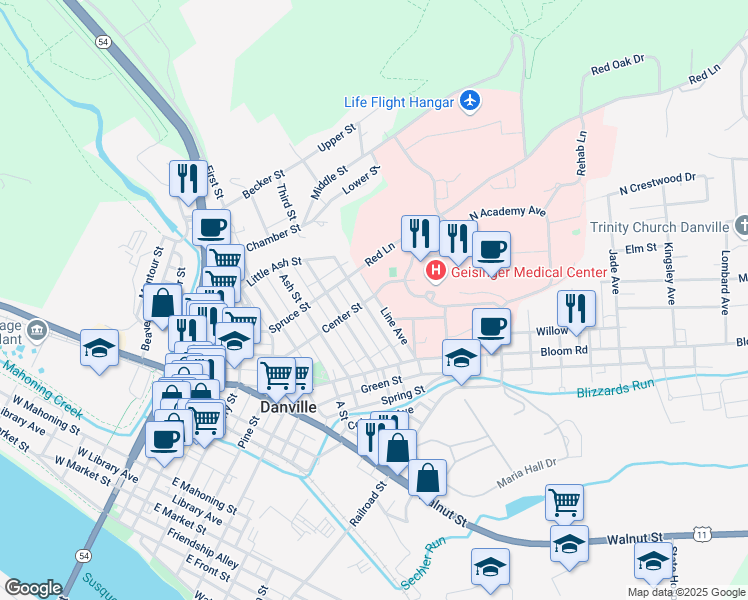 map of restaurants, bars, coffee shops, grocery stores, and more near 1057 Line Street in Danville