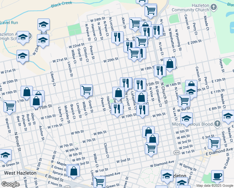 map of restaurants, bars, coffee shops, grocery stores, and more near 789 North James Street in Hazleton