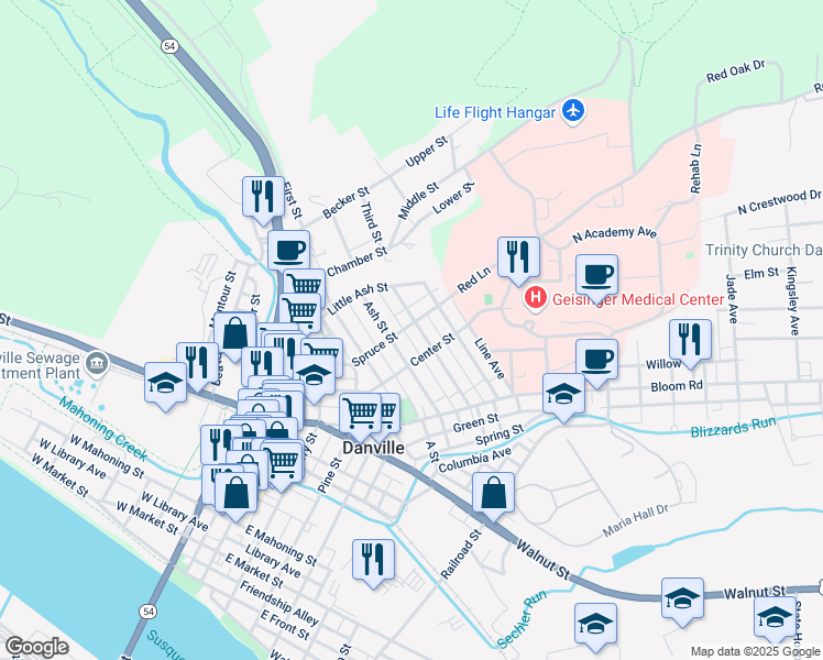 map of restaurants, bars, coffee shops, grocery stores, and more near 1153 Vine Street in Danville