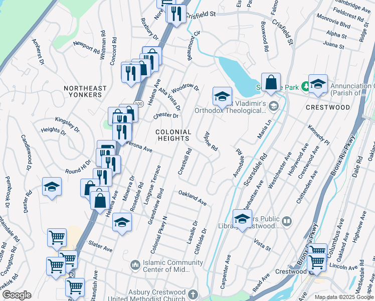 map of restaurants, bars, coffee shops, grocery stores, and more near 1 Cresthill Road in Yonkers