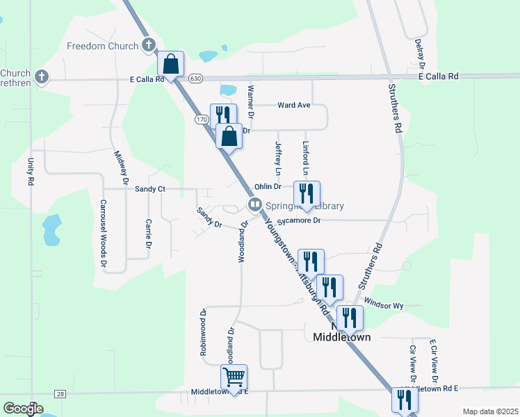 map of restaurants, bars, coffee shops, grocery stores, and more near 10441 Main Street in New Middletown