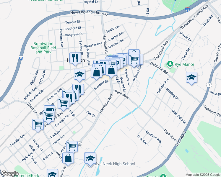 map of restaurants, bars, coffee shops, grocery stores, and more near 186 Harrison Avenue in Harrison