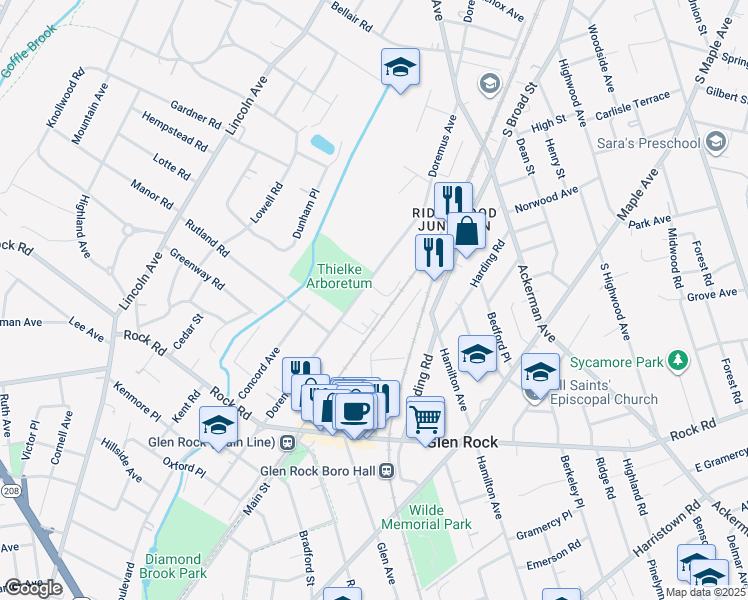 map of restaurants, bars, coffee shops, grocery stores, and more near c1 Glen Rock Square in Glen Rock