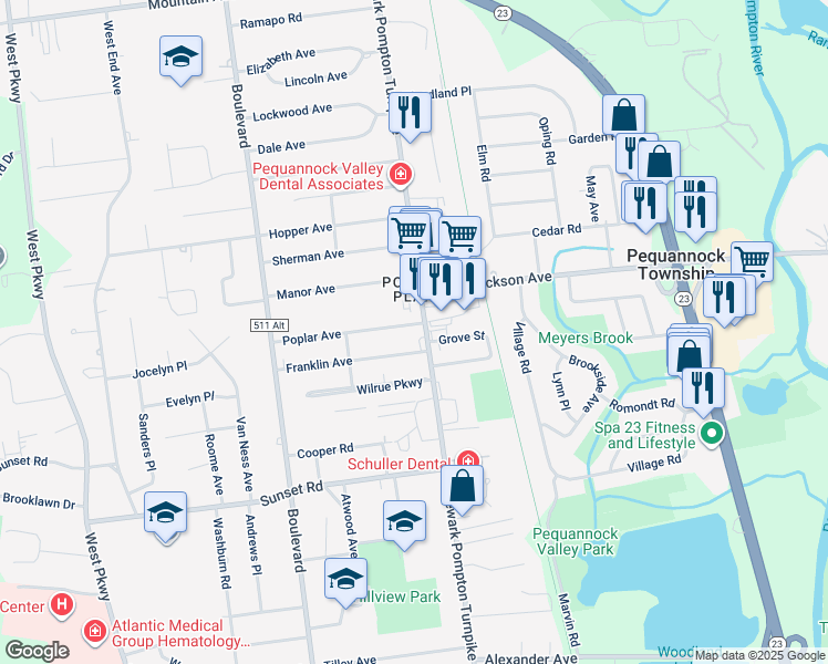 map of restaurants, bars, coffee shops, grocery stores, and more near 6 Franklin Avenue in Pequannock Township