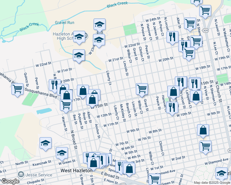 map of restaurants, bars, coffee shops, grocery stores, and more near West 17th Street in Hazleton