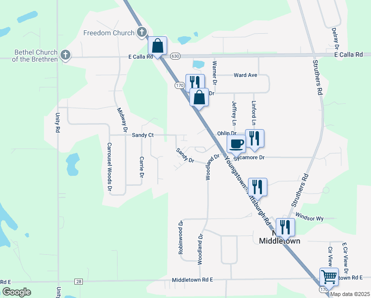 map of restaurants, bars, coffee shops, grocery stores, and more near 3 Sandy Drive in New Middletown