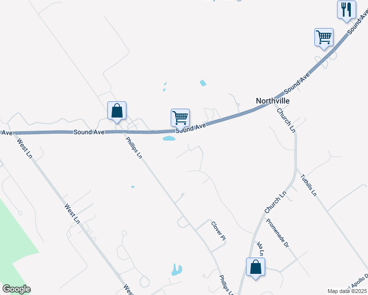 map of restaurants, bars, coffee shops, grocery stores, and more near 164 Vineyard Way in Aquebogue