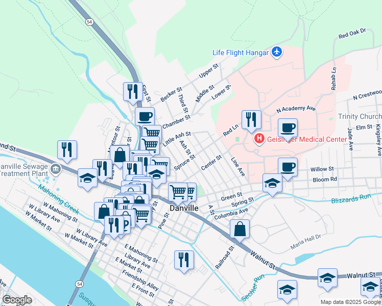 map of restaurants, bars, coffee shops, grocery stores, and more near 1222 Ash Street in Danville