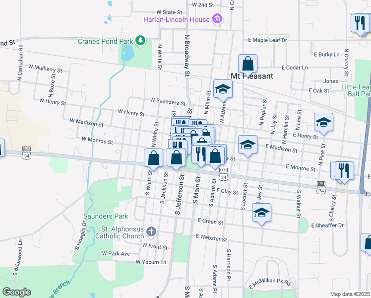 map of restaurants, bars, coffee shops, grocery stores, and more near 122 North Jefferson Street in Mount Pleasant