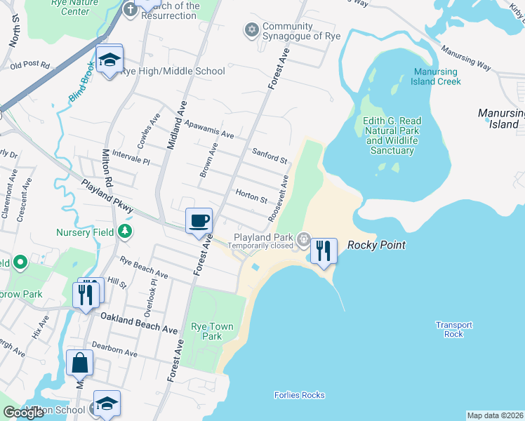 map of restaurants, bars, coffee shops, grocery stores, and more near 47 Wainwright Street in Rye