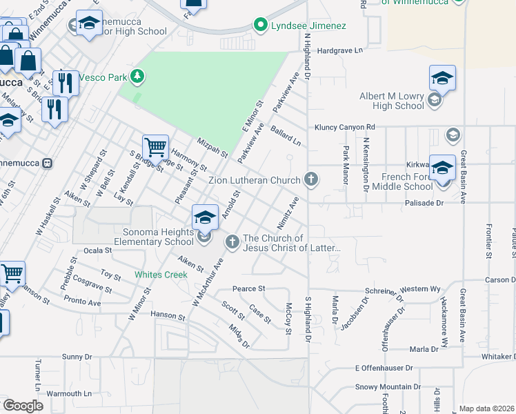 map of restaurants, bars, coffee shops, grocery stores, and more near 96 Eisenhower Avenue in Winnemucca
