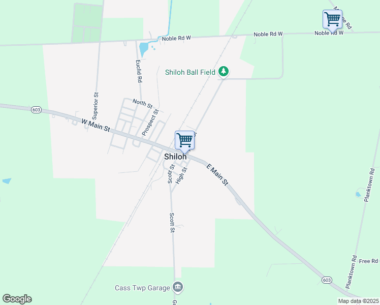 map of restaurants, bars, coffee shops, grocery stores, and more near 25 East Main Street in Shiloh