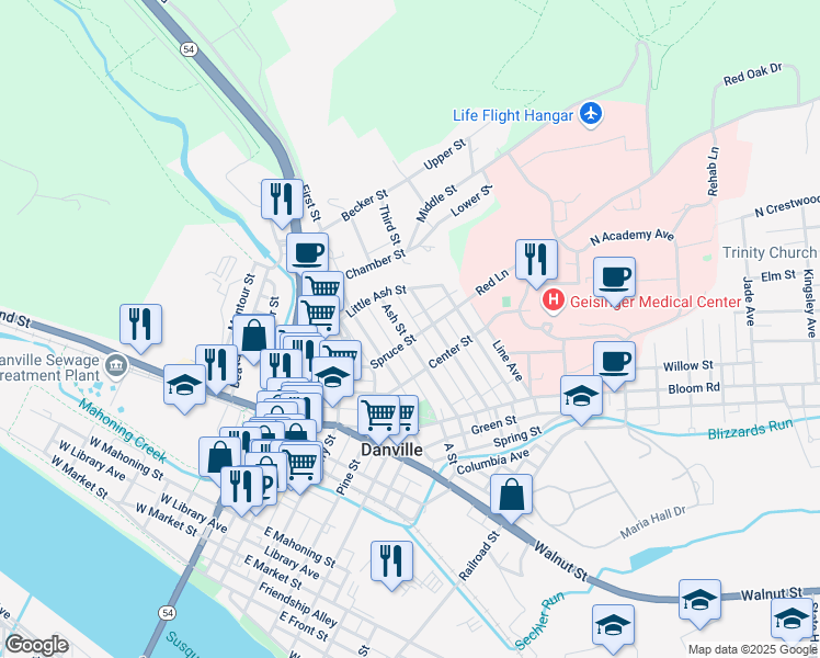 map of restaurants, bars, coffee shops, grocery stores, and more near 1222 Ash Street in Danville