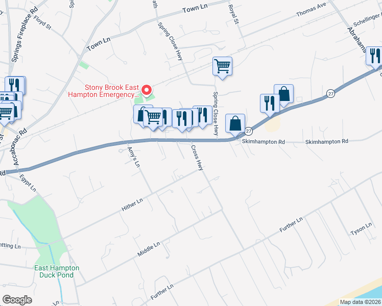 map of restaurants, bars, coffee shops, grocery stores, and more near 18 Cross Highway in East Hampton