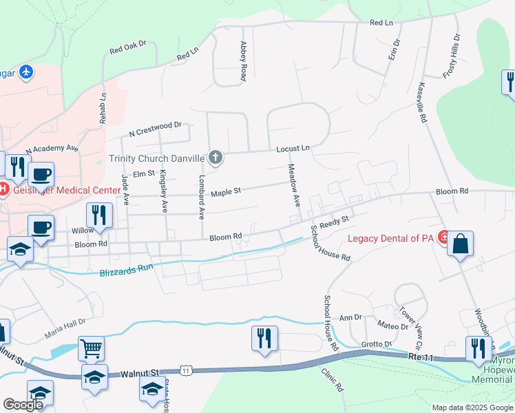 map of restaurants, bars, coffee shops, grocery stores, and more near 224 Oak St in Danville