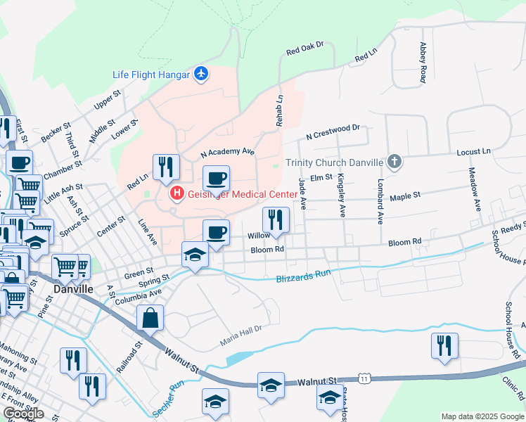 map of restaurants, bars, coffee shops, grocery stores, and more near 114 N Huntington Ave in Danville