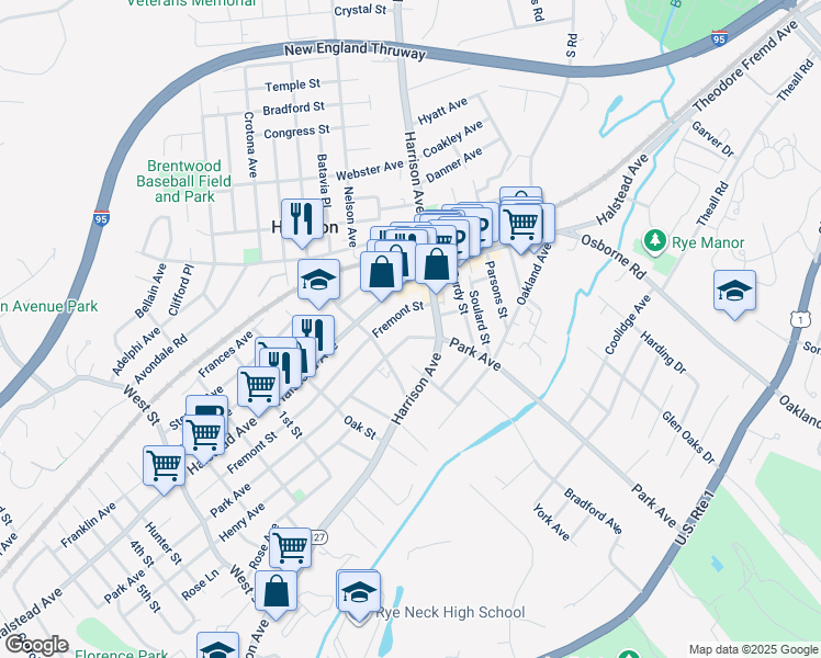 map of restaurants, bars, coffee shops, grocery stores, and more near 186 Harrison Avenue in Harrison
