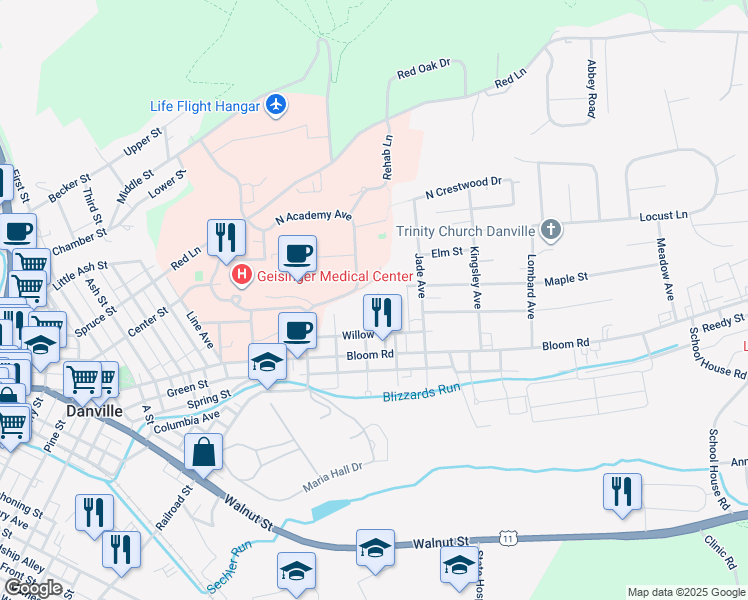 map of restaurants, bars, coffee shops, grocery stores, and more near 100-114 North Huntington Avenue in Danville
