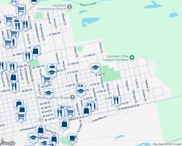 map of restaurants, bars, coffee shops, grocery stores, and more near 699 Garfield Street in Hazleton