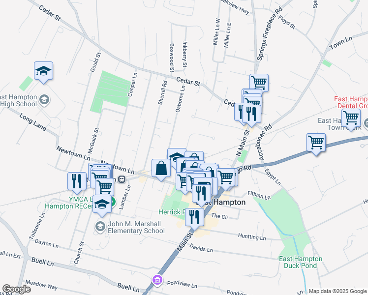 map of restaurants, bars, coffee shops, grocery stores, and more near 20 Huntting Avenue in East Hampton