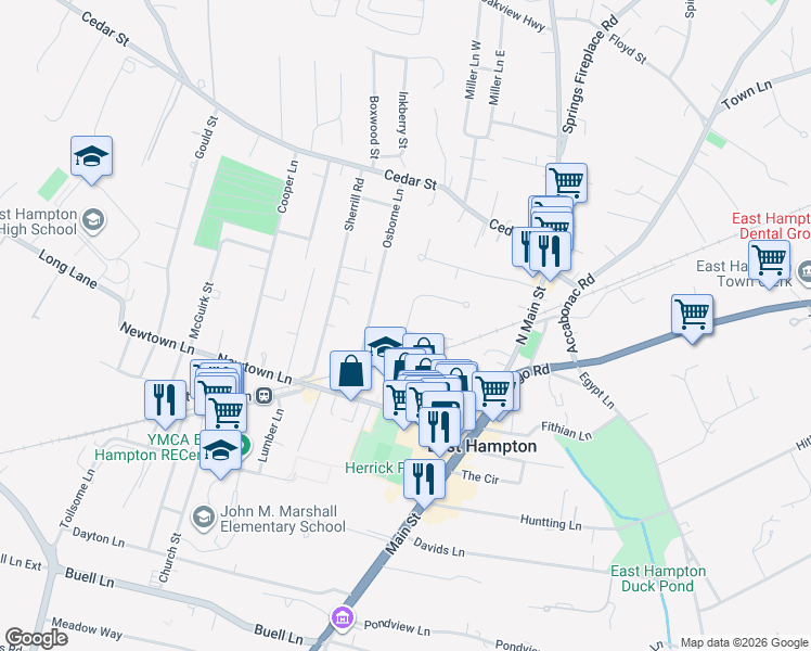 map of restaurants, bars, coffee shops, grocery stores, and more near 20 Huntting Avenue in East Hampton