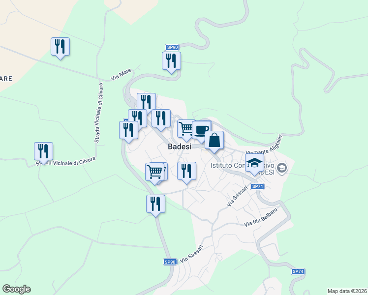 map of restaurants, bars, coffee shops, grocery stores, and more near 4 Via Guglielmo Marconi in Badesi