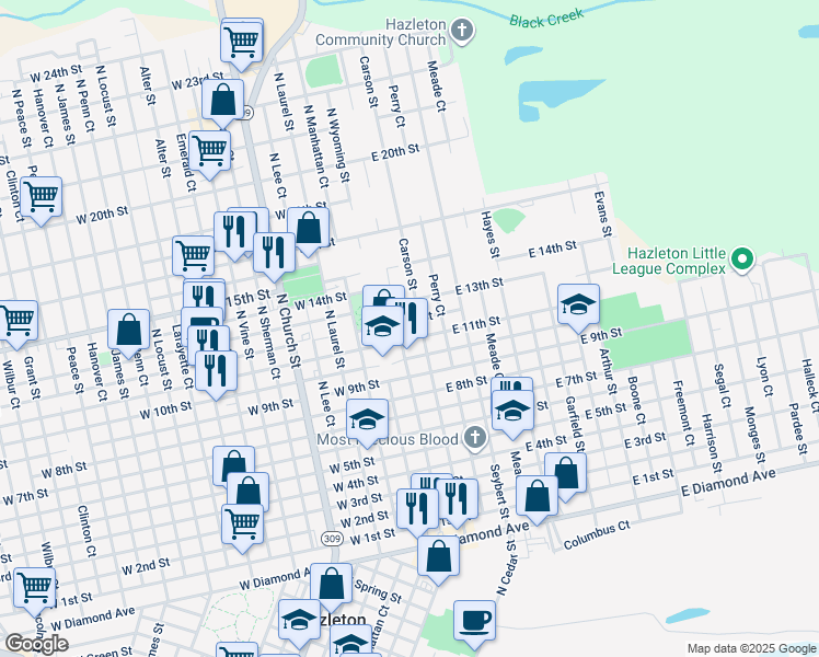 map of restaurants, bars, coffee shops, grocery stores, and more near 734 Carson Street in Hazleton