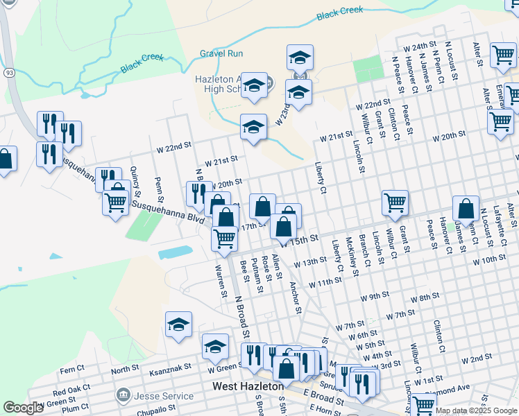 map of restaurants, bars, coffee shops, grocery stores, and more near 1060 West 19th Street in Luzerne County
