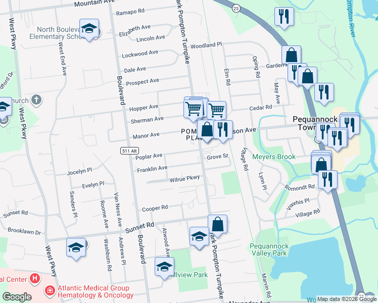 map of restaurants, bars, coffee shops, grocery stores, and more near 6 Franklin Avenue in Pequannock Township