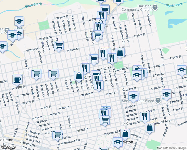 map of restaurants, bars, coffee shops, grocery stores, and more near 782 Alter Street in Hazleton