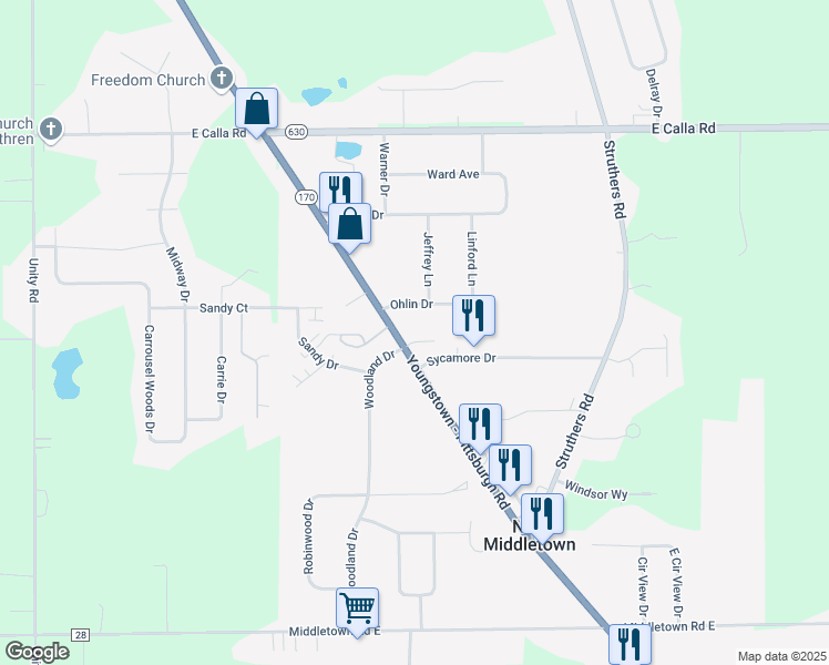 map of restaurants, bars, coffee shops, grocery stores, and more near 10409 Main Street in New Middletown