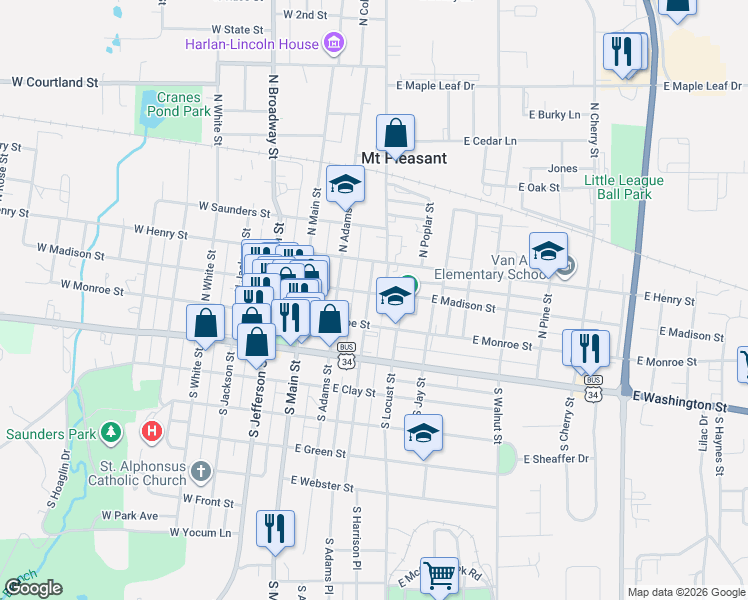 map of restaurants, bars, coffee shops, grocery stores, and more near 106 North Harrison Street in Mount Pleasant