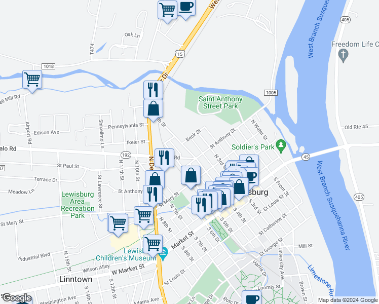 map of restaurants, bars, coffee shops, grocery stores, and more near 11 Buffalo Road in Lewisburg