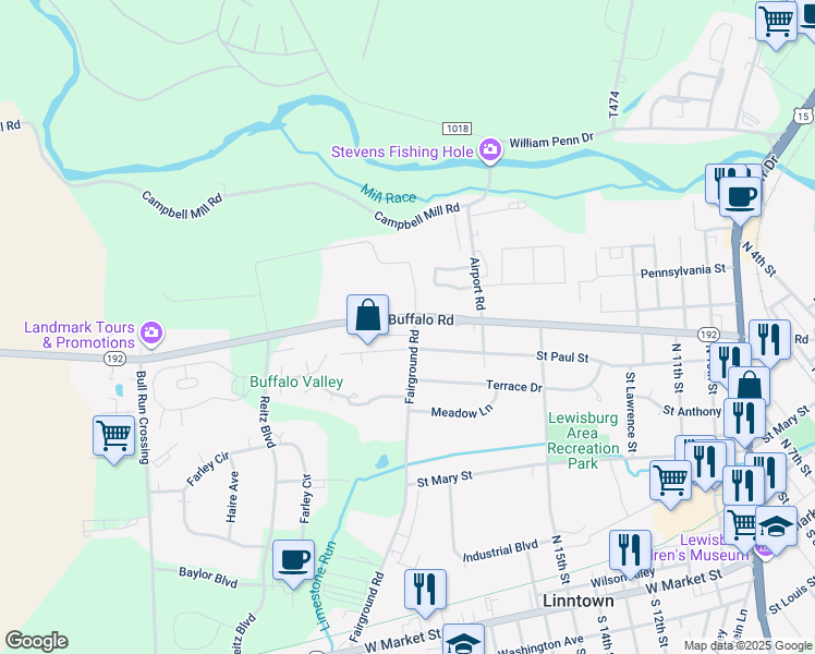 map of restaurants, bars, coffee shops, grocery stores, and more near 1014 Saint Paul Street in Lewisburg
