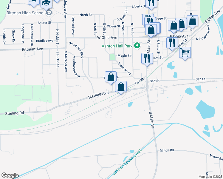 map of restaurants, bars, coffee shops, grocery stores, and more near 164 Sterling Avenue in Rittman