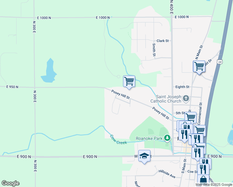 map of restaurants, bars, coffee shops, grocery stores, and more near Posey Hill Street in Roanoke