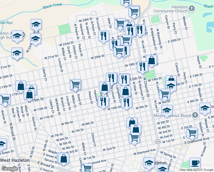 map of restaurants, bars, coffee shops, grocery stores, and more near 789 North James Street in Hazleton