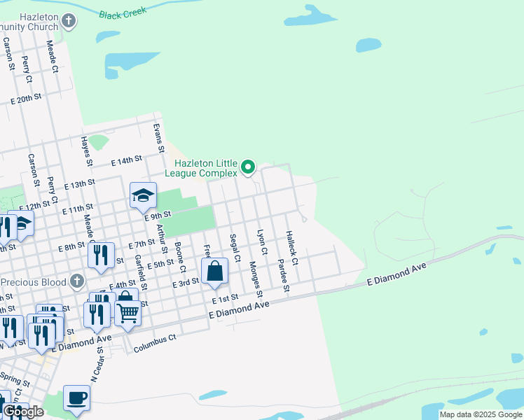 map of restaurants, bars, coffee shops, grocery stores, and more near 666 Pardee Street in Hazleton